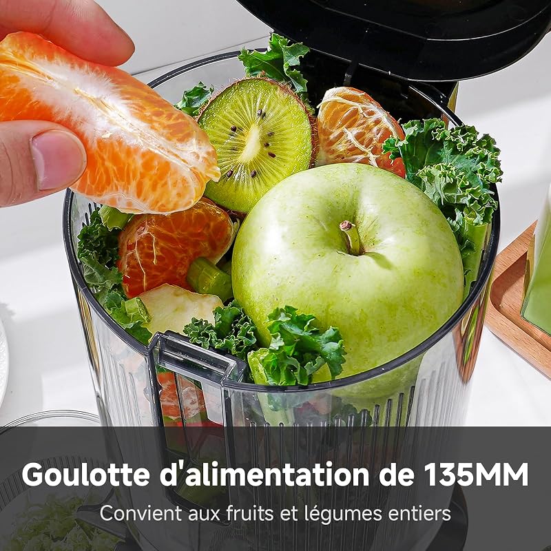 Extracteur de Jus Fruits et Légumes, Moins de Temps de Découpe, Goulotte XXL 135 mm, Extraction Lente à Froid, Facile à Nettoyer, Moteur Silencieux 45 dB, Idéal Famille