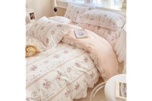 AMZTOP Pink Ruffle Duvet Cover Full Size Chic Garden Style Bedding Sets Teen Girls,Soft Comfy 100% Cotton Quilt Covers,3 Pieces(1 Duvet Cover with 2 Pillowcases),with Zipper Closure & Corner Ties