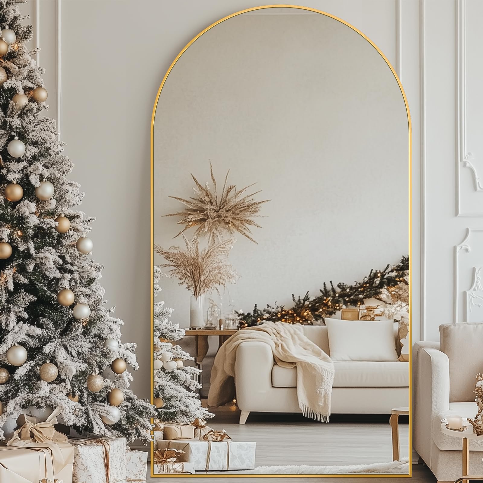 Antok Full Length Mirror, 82"x44" Floor Mirror, Arched Floor Standing Freestanding Arch Full Body Mirrors with Stand for Bedroom, Hanging Mounted for Living Room Cloakroom,Gold Image