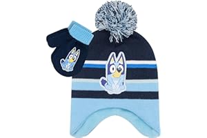 Bluey Bandit and Chilli Toddler Hat with Winter Mittens for Kids – Warm Winter Hat for Toddler with Kids Mittens Blue Grey
