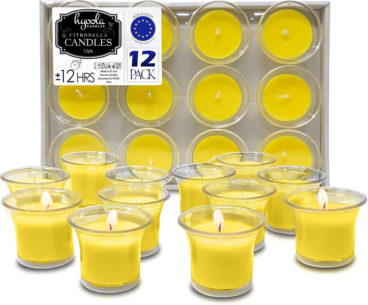 Hyoola Clear Cup Filled Citronella Votive Candles - 12 Hour Burn Time - 12-Pack, Ideal Bug Repellent Candles, European Made
