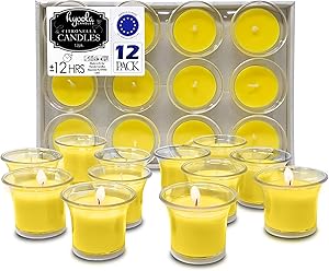 Hyoola Clear Cup Filled Citronella Votive Candles - 12 Hour Burn Time - 12-Pack, Ideal Bug Repellent Candles, European Made