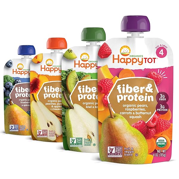 HAPPY TOT ORGANICS STAGE 4 BABY FOOD POUCHES, GLUTEN FREE, VEGAN SNACK, FIBER & PROTEIN FRUIT & VEGGIE PUREE, FRUIT & VEGGIE VARIETY PACK, 4 OUNCE (PACK OF 16)