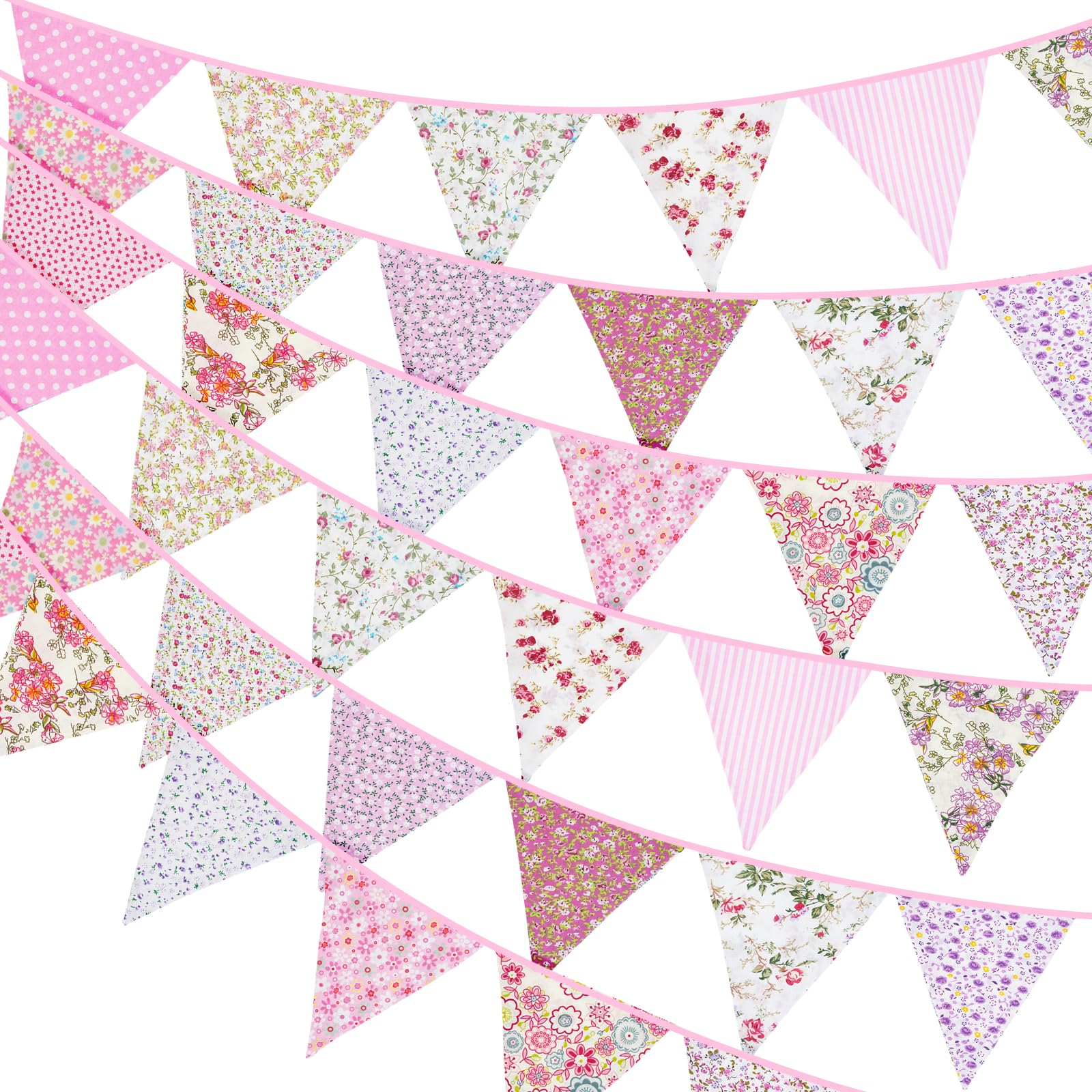 G2PLUS 36PCS Double Sided Fabric Bunting, 10M Pink Floral Cotton Banner, 17x19CM Large Triangle Garland Reusable for Indoor and Outdoor Party Decoration