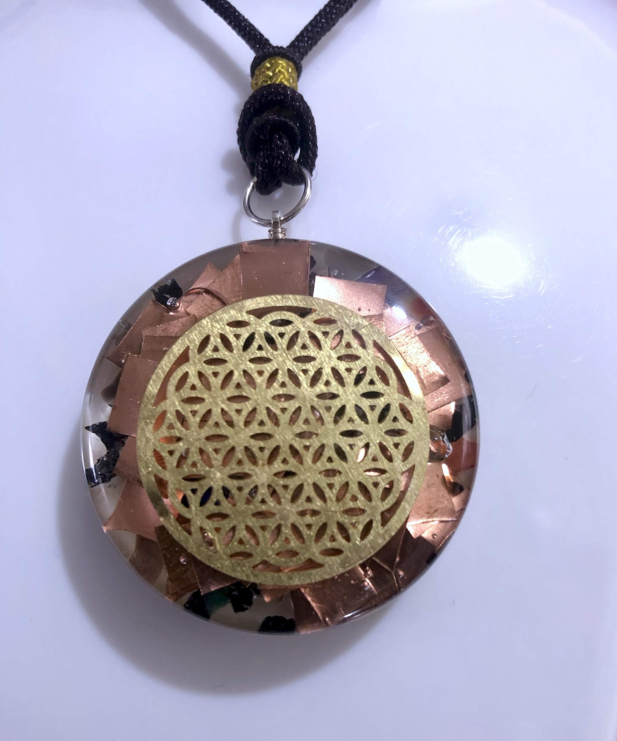 Reiki Energy Charged Chakra Stone with Copper FOIL Flower of Life ORGONE Pendant Powerful EMF Blocker Orgone Pendant