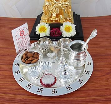 GoldGiftIdeas Silver-Plated Swastik Pooja Thali Set (Silver_8.6 Inch X 8.6 Inch X 1.9 Inch)