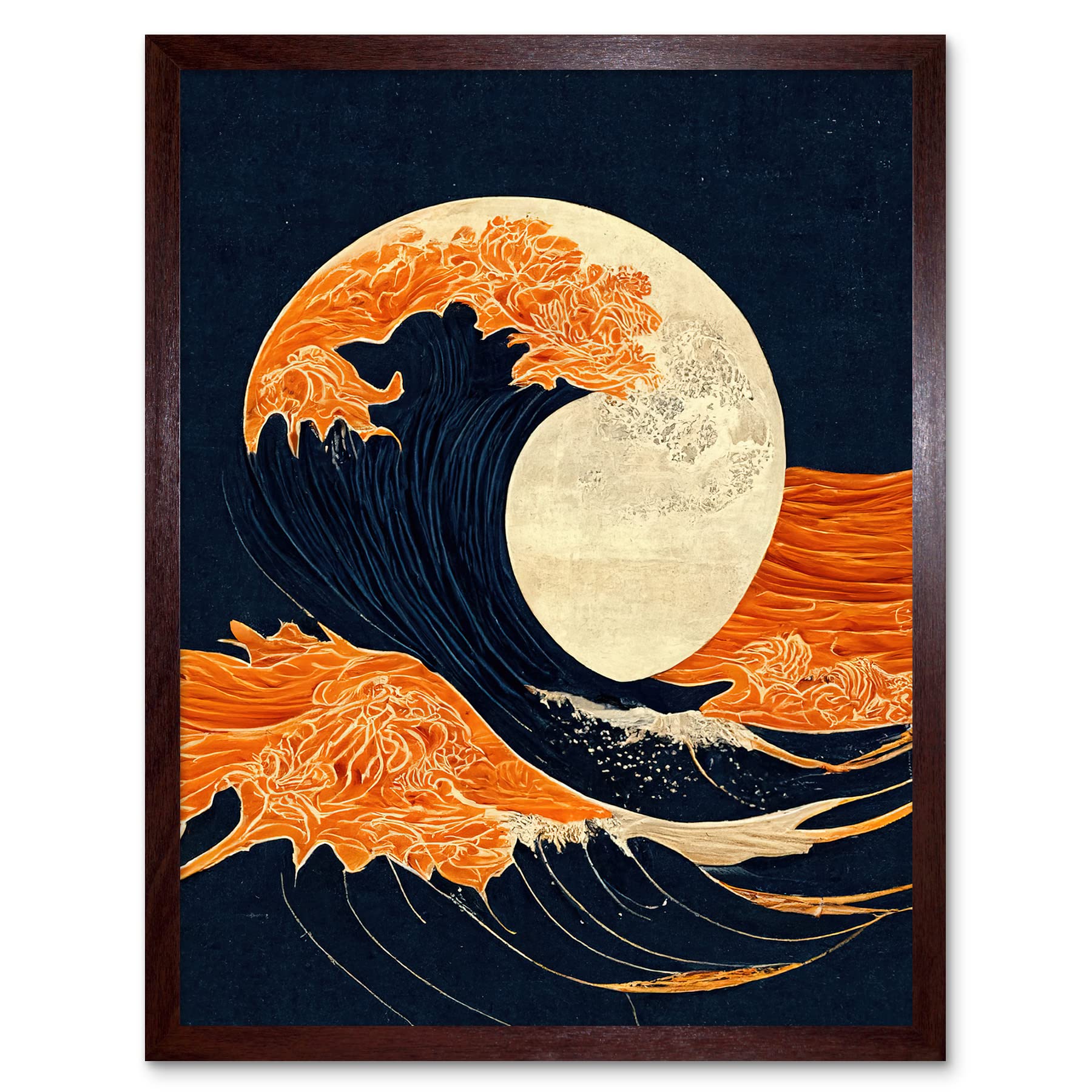 Wee Blue Coo The Great Wave at Full Moon Modern Japanese Seascape Woodblock Art Print Framed Poster Wall Decor 12x16 inch