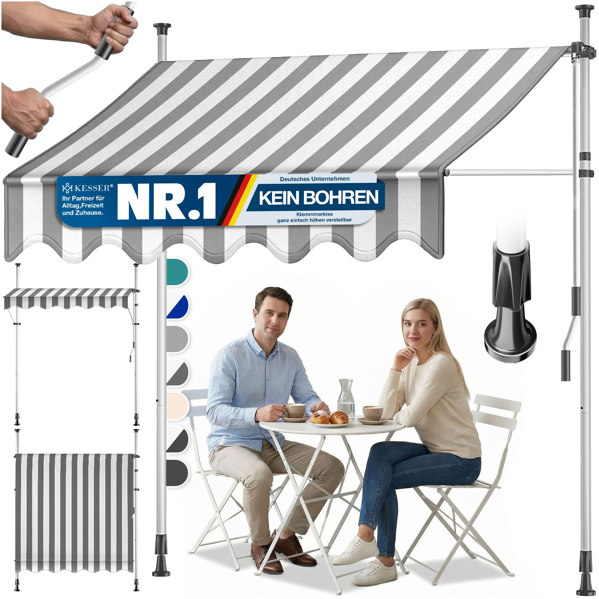 KESSER® Klemmmarkise mit Handkurbel Balkon | Balkonmarkise ohne Bohren | Markise UV-beständig höhenverstellbar & wasserabweisend | Sonnenschutz für Balkon Terrasse & Garten, Terrassenüberdachung 150cm