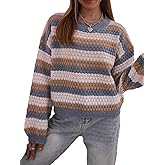 SHENHE Women's Color Block Striped Drop Shoulder Crew Neck Sweater Pullover Top
