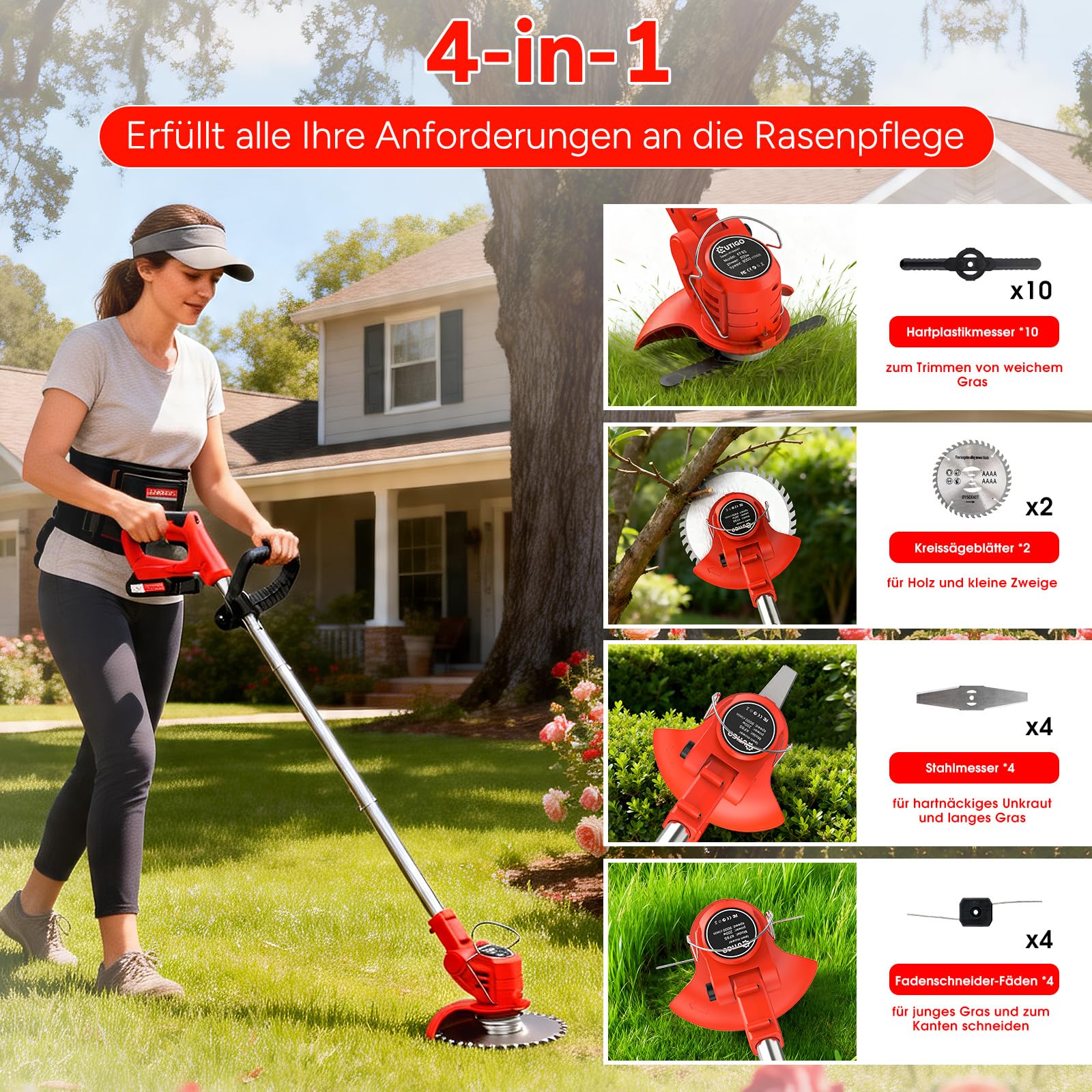 OUTIGO Akku Rasentrimmer mit Akku, Rasenkantenschneider mit 2 Akkus 21V und 4 Messertypen+1 Gartenschere, Verstellbarer Teleskop-Führungsholm Desbrozadoraeléctrico inalámbrico (Rot-FBA) 6