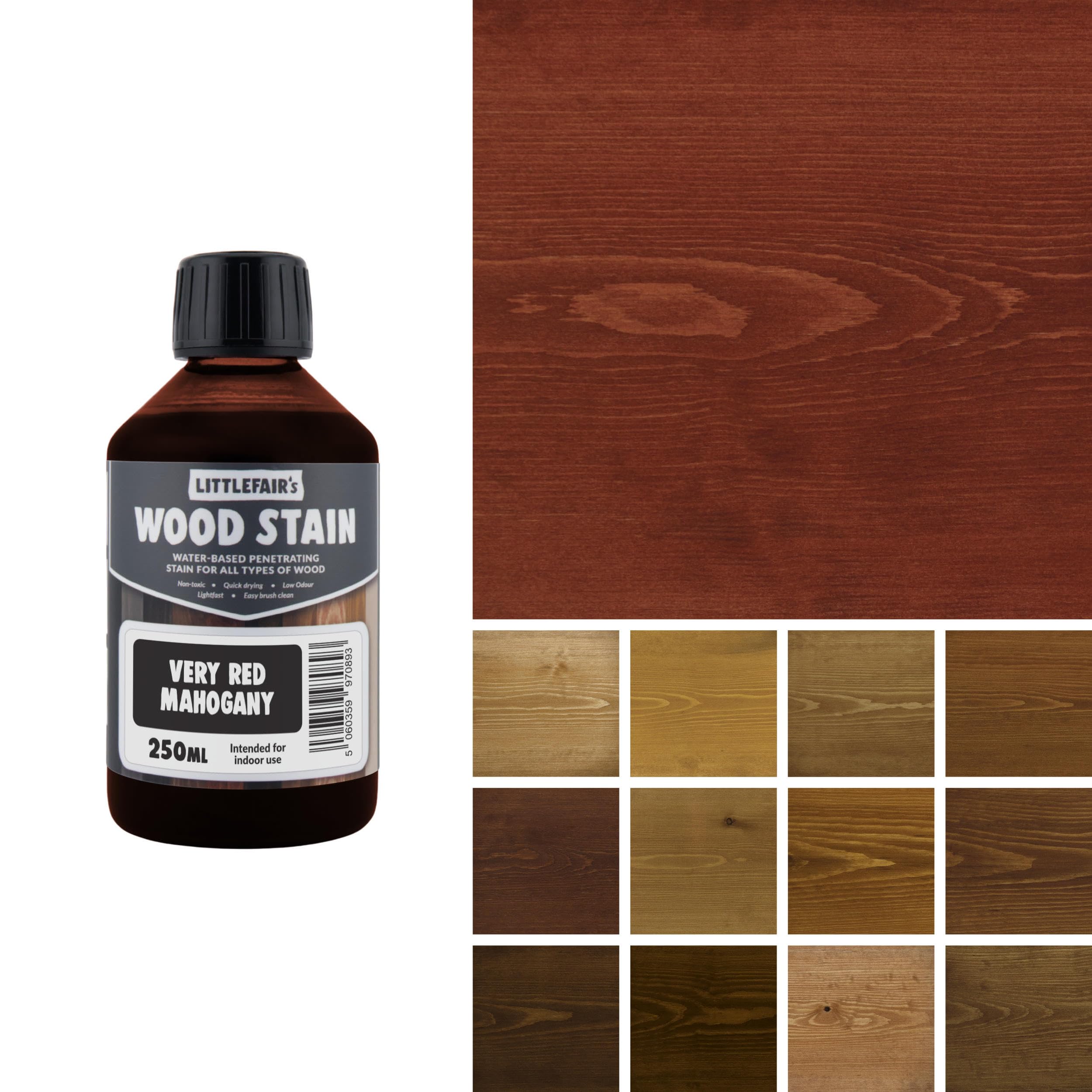 Littlefair's Wood Stain Water-Based - (Very Red Mahogany) โ Non-Toxic, Eco-Friendly & Quick Drying - Easy-to-Apply, Concentrated Formula for All Wood Types โ 250ml โ image 1