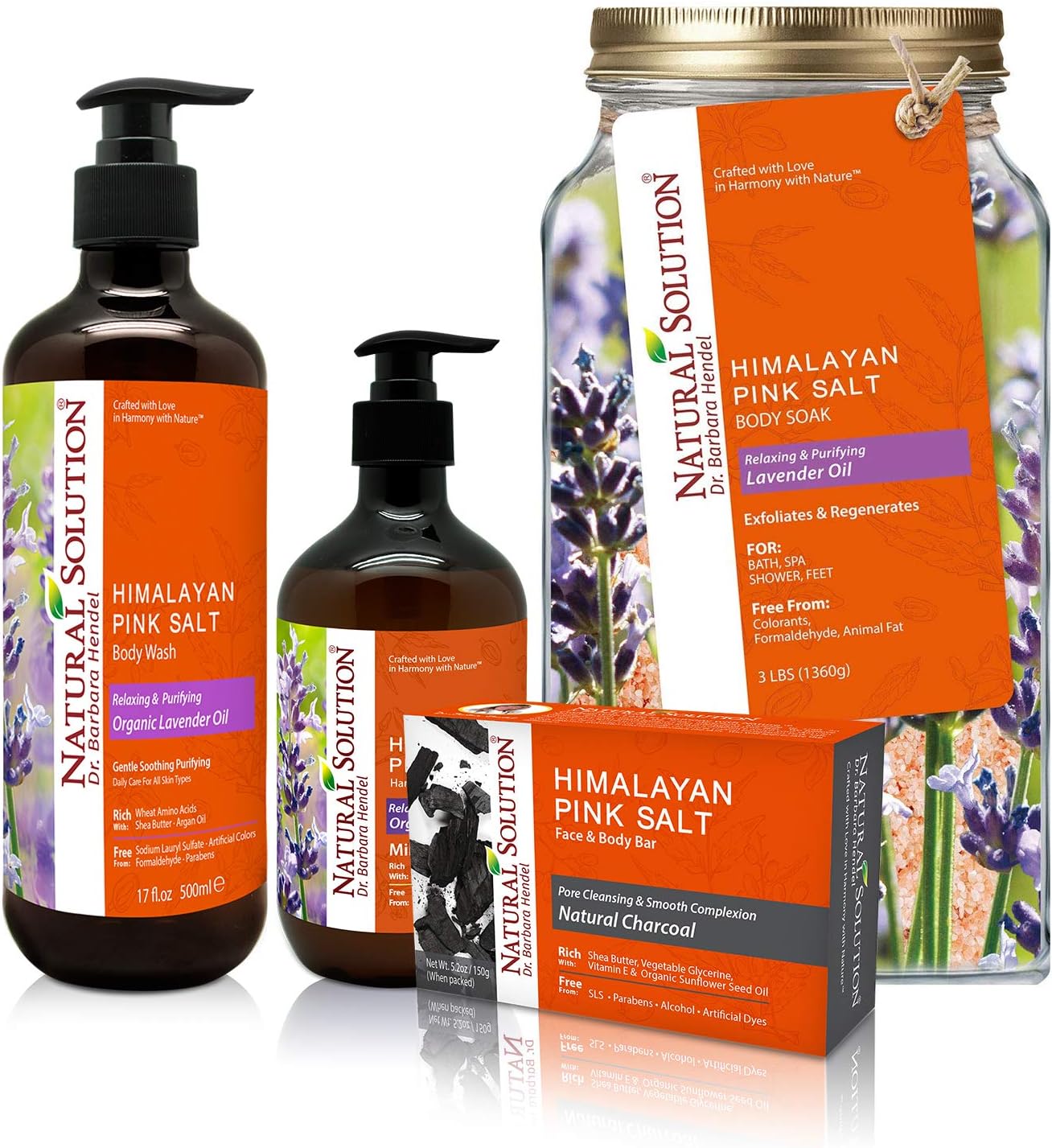 Natural SolutionBath & Body Gift Set with Relaxing Lavender Oil, Includes Body Wash, Hand Soap, Charcoal Soap Bar and Bath Salt, Perfect Gifts Set for Birthday & Christmas