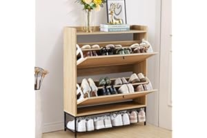 LEVNARY Shoe Storage Cabinet with 2 Flip Drawers, Wooden Narrow Shoe Cabinet Storage for Entryway, Freestanding Shoe Rack Organizer Cabinet with Metal Legs for Hallway (1, Natural Oak)