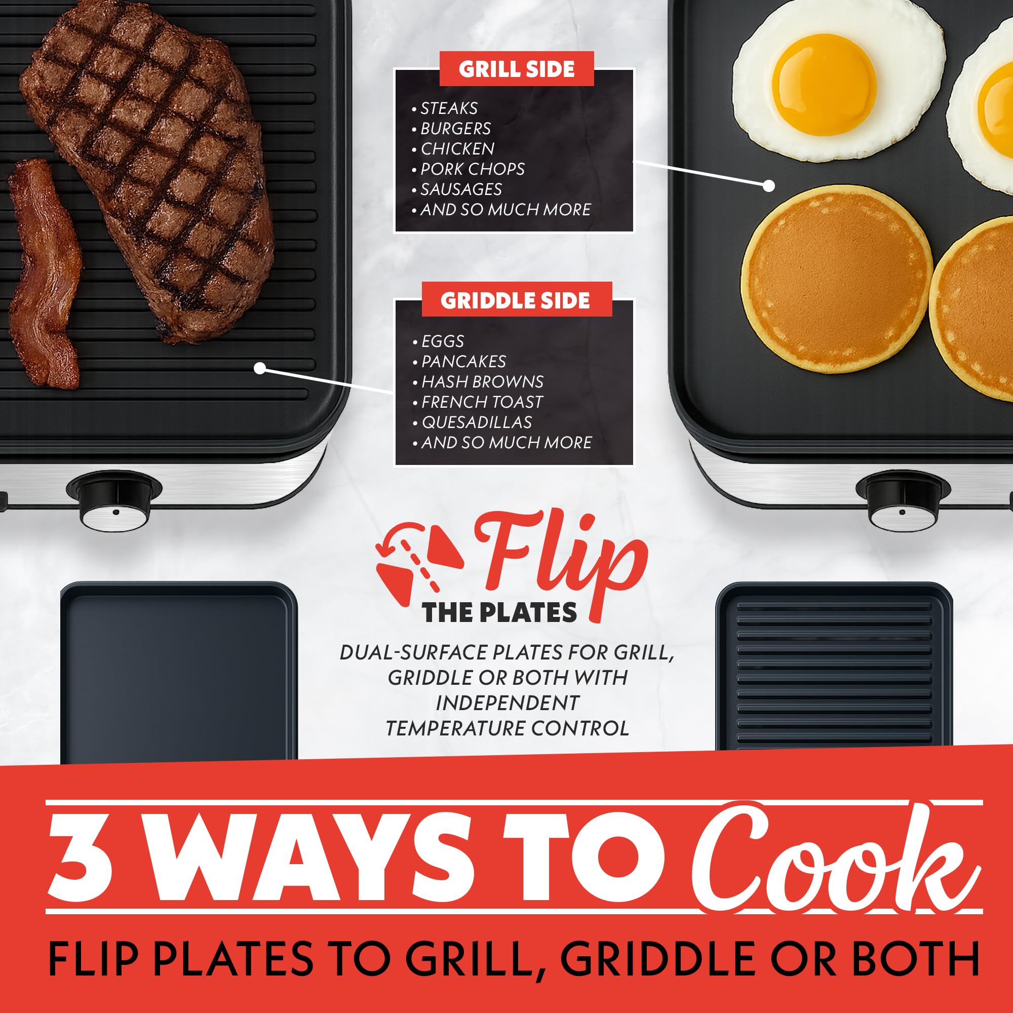 Gourmia 3-in-1 Indoor Grill/Griddle Electric Combo - 250-400°F Adjustable Dual Cooking Zones with Removable Nonstick Reversible Ceramic Plates - Non Toxic Dishwasher Safe Countertop Kitchen Appliances