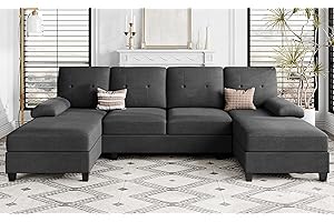 Shintenchi Sectional Couches for Living Room, U Shaped Sofa Couch with Double Chaise, 4-Seat Living Room Furniture Sets with Soft Cushion & Linen Fabric, Black