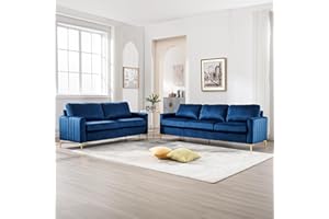 DEOLME Navy Blue Sofa and Loveseat Set 2 Piece, Comfy Velvet Tufted Couch and Loveseat Sets Living Room Furniture Sets with Gold Leg, Modern Couches Sofas Sets of 2 Love Seat for Bedroom Office Juego De Sala