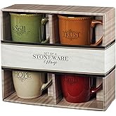 Christian Art Gifts Set of Four Rustic Stoneware Coffee/Tea Mugs w/Bible Verses Sage Green, Ivory, Paprika Red, Pumpkin Orange Inspirational Coffee/Tea Cup for Men and Women