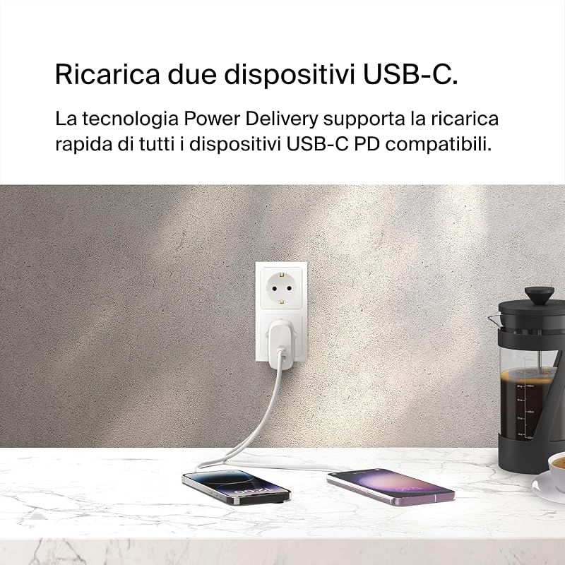 BoostCharge Doppio caricabatteria con PPS da 60 W per iPhone 16, 15, 14, iPad, Samsung Galaxy e Google Pixel, caricatore compatibile con cavi da USB-C a Lightning