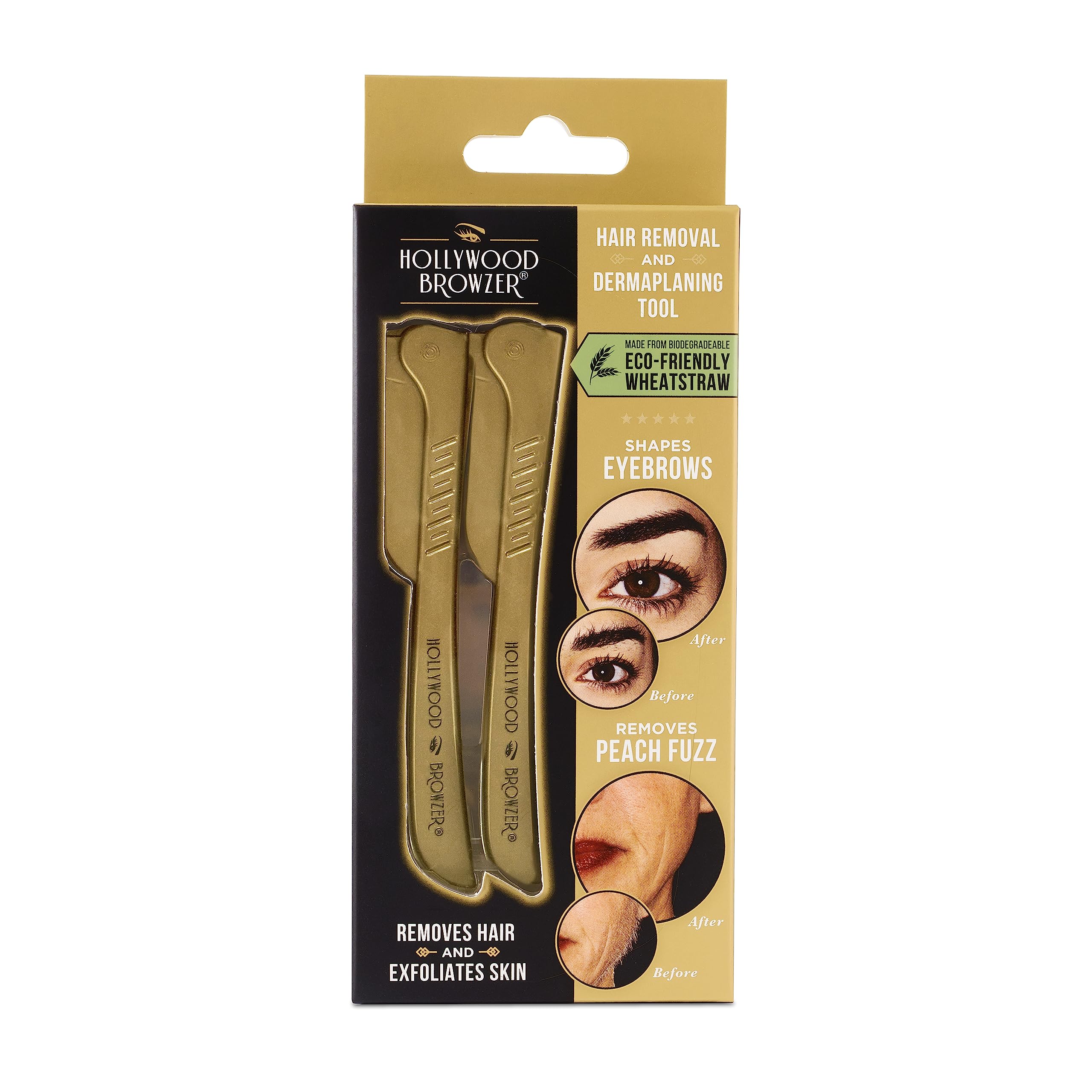 Hollywood Browzer Dermaplaning Blades for Face - Eyebrow Shaping - Removing Unwanted Hair and Peach Fuzz - Exfoliating Tool for Women - Face Razor for Women - Facial Hair Remover - (Duo Gold)