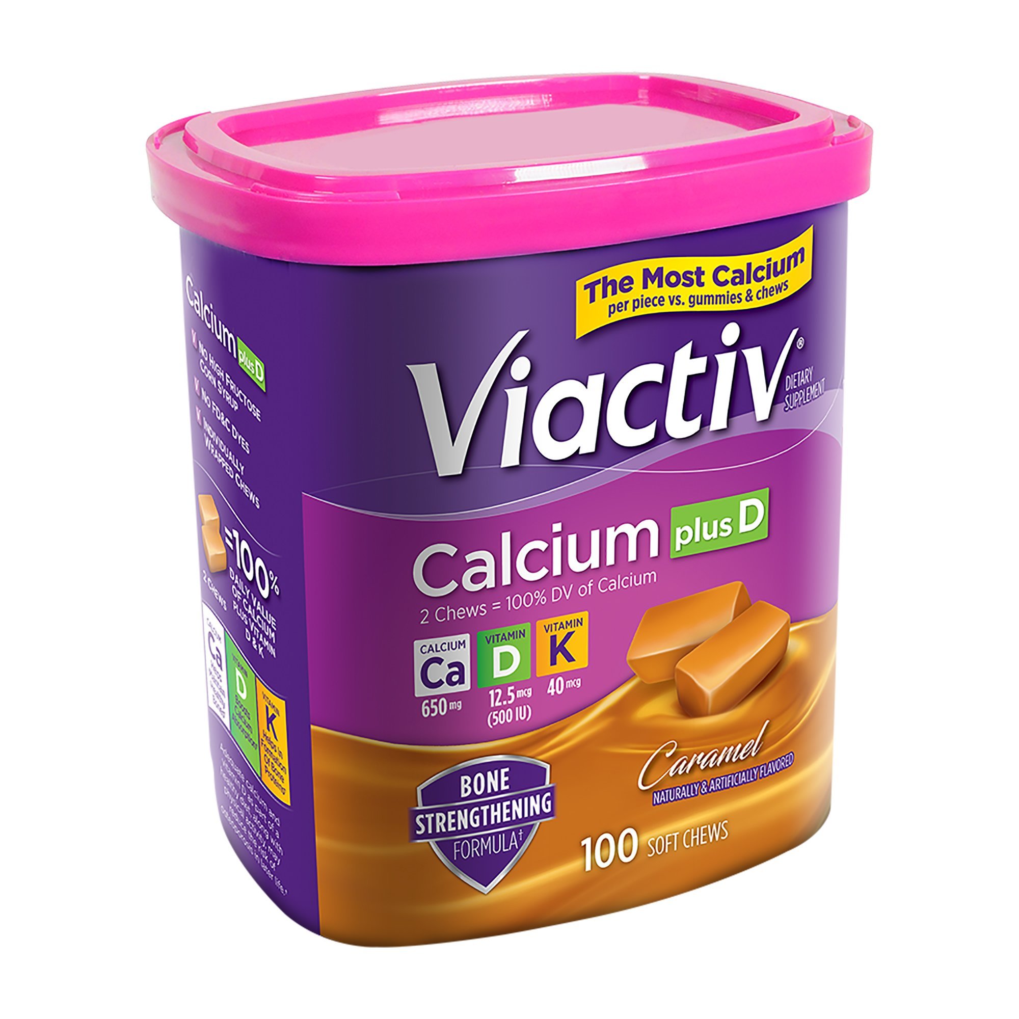 Viactiv Calcium +Vitamin D3 Supplement Soft Chews, Caramel, 100 Chews