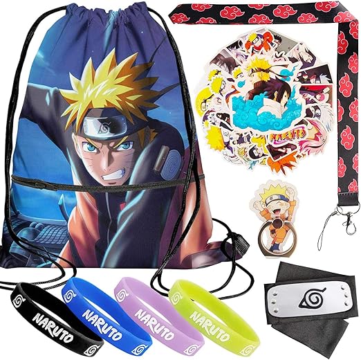 Anime Gifts for Teenage Boys/GirlsNaruto Drawstring Bag,Stickers,Bracelet,Lanyard,Phone Ring