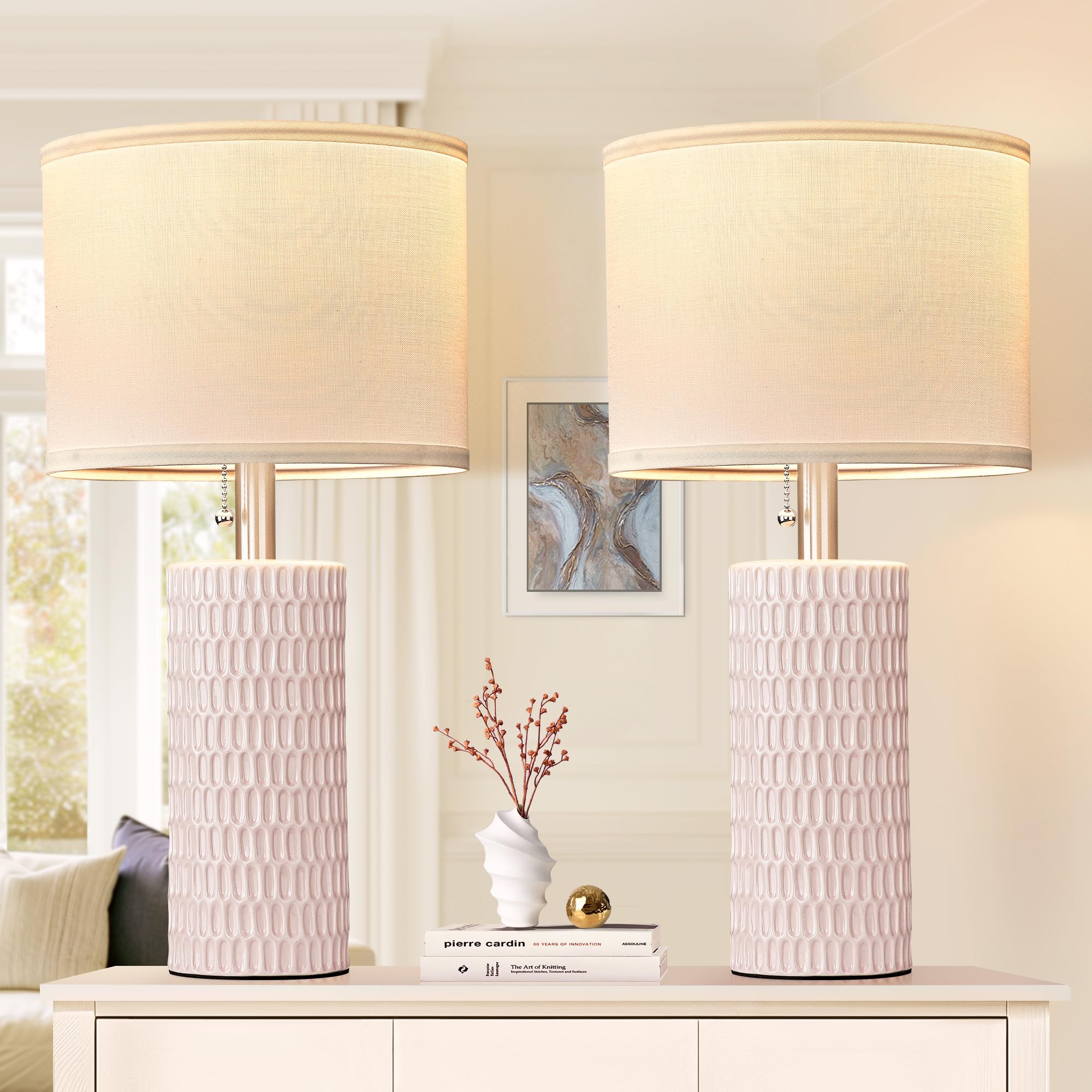 Reaketon Table Lamps for Living Room Set of 2, Ceramic Table Lamps for Bedroom, 20" Modern Lamps for Night Stands, Pink Image