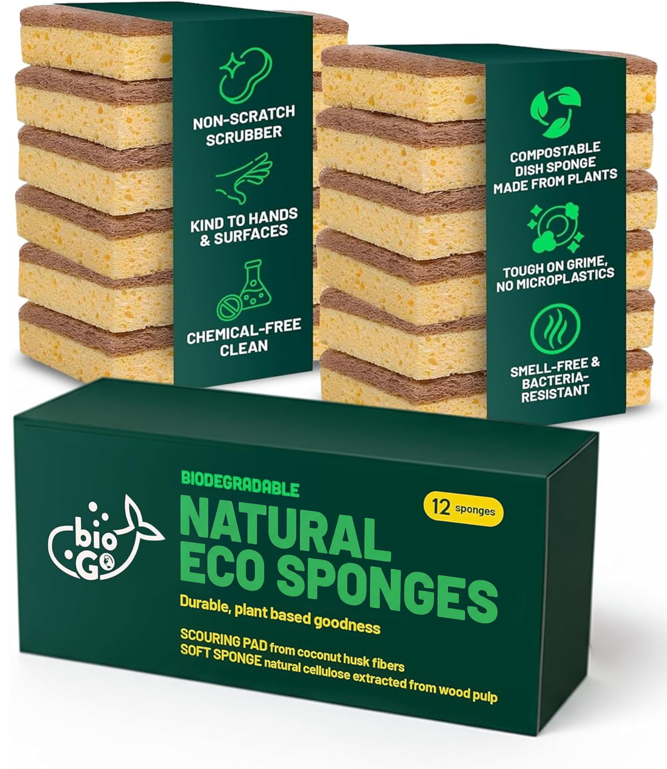 bioGo 12 Pack Biodegradable Kitchen Sponges - Eco-Friendly, Compostable, Natural Cellulose Dish Sponges - Biodegradable Sponges Washing Up - Reusable Washing Up Sponge - UK Brand — image 1