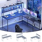 Pamray 60 Inch L Shaped Gaming Desk with LED Lights and Power Outlets Reversible Corner Computer Desk with Pegboard Storage Shelves Home Office Table for Work Study Black