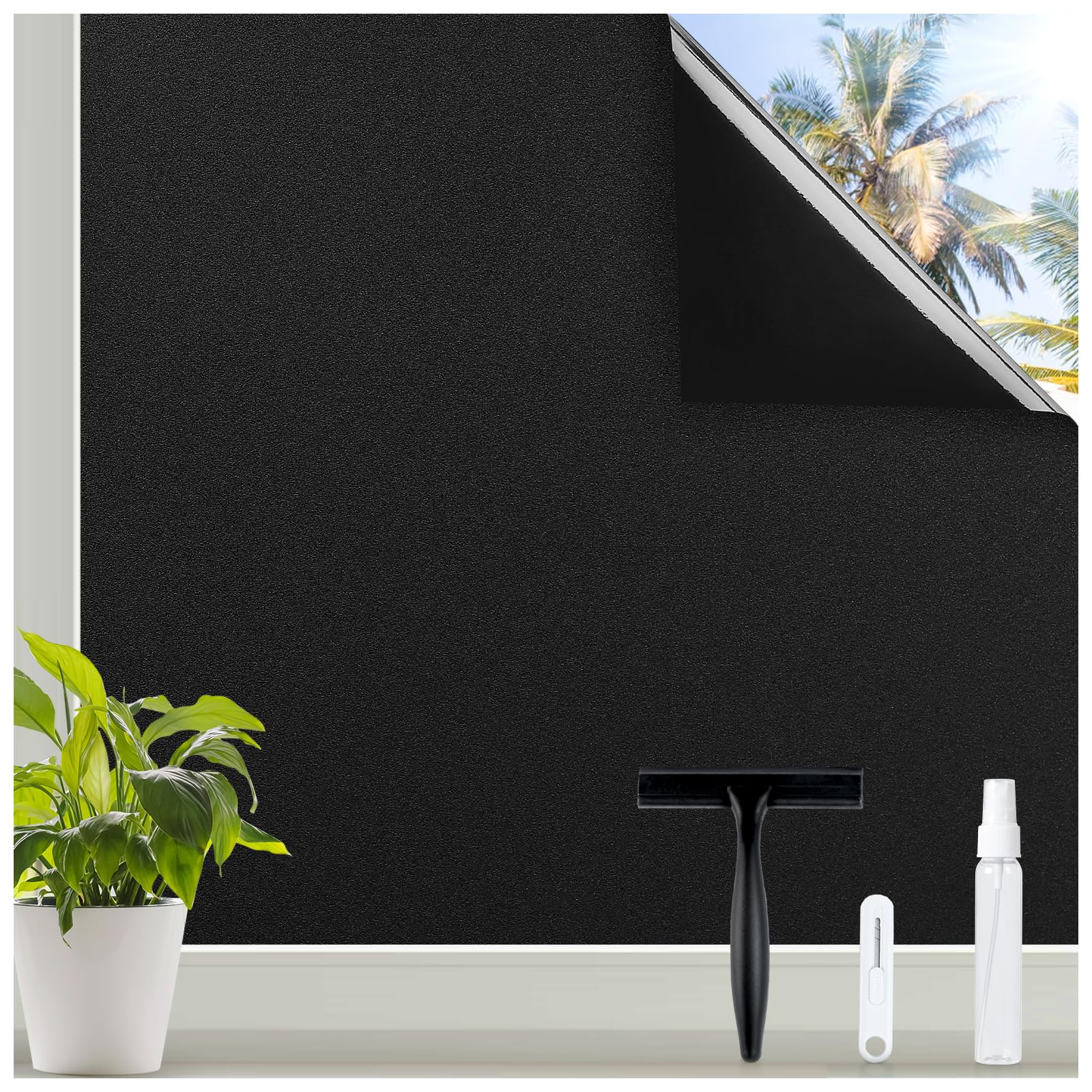 Photo 1 of rabbitgoo Blackout Window Privacy Film with Tools Glass Bathroom Static Cling Sun Heat Blocking Light Darkening Removable Coverings for Home Bedroom Door UV Protection Sticker, 17.5 x 78.7 inches