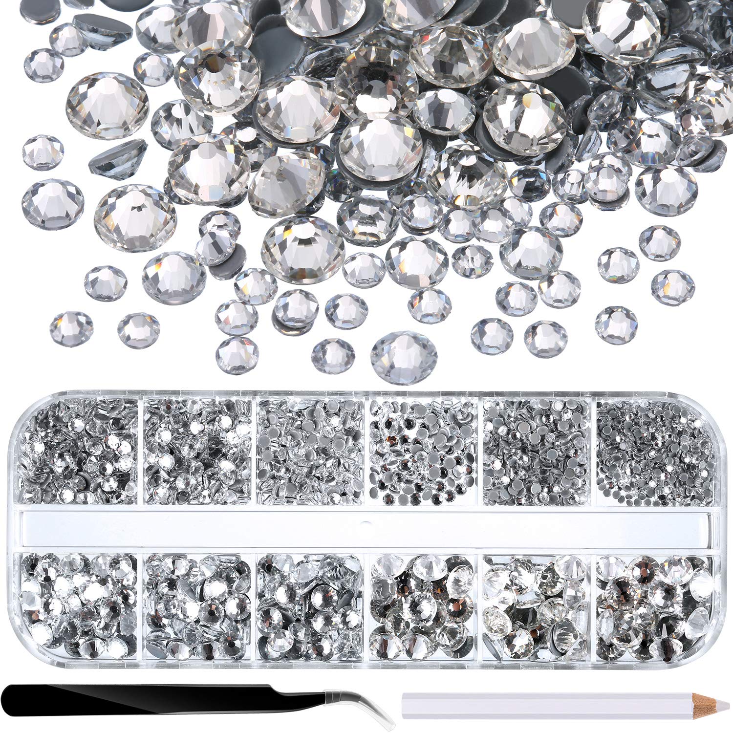 2000 Pieces Hot Fix Glass Flatback Rhinestones HotFix Round Crystal Gems 1.5-6 MM (SS4-SS30) in Storage Box with Tweezers and Picking Rhinestones Pen (Clear, 6 Sizes)