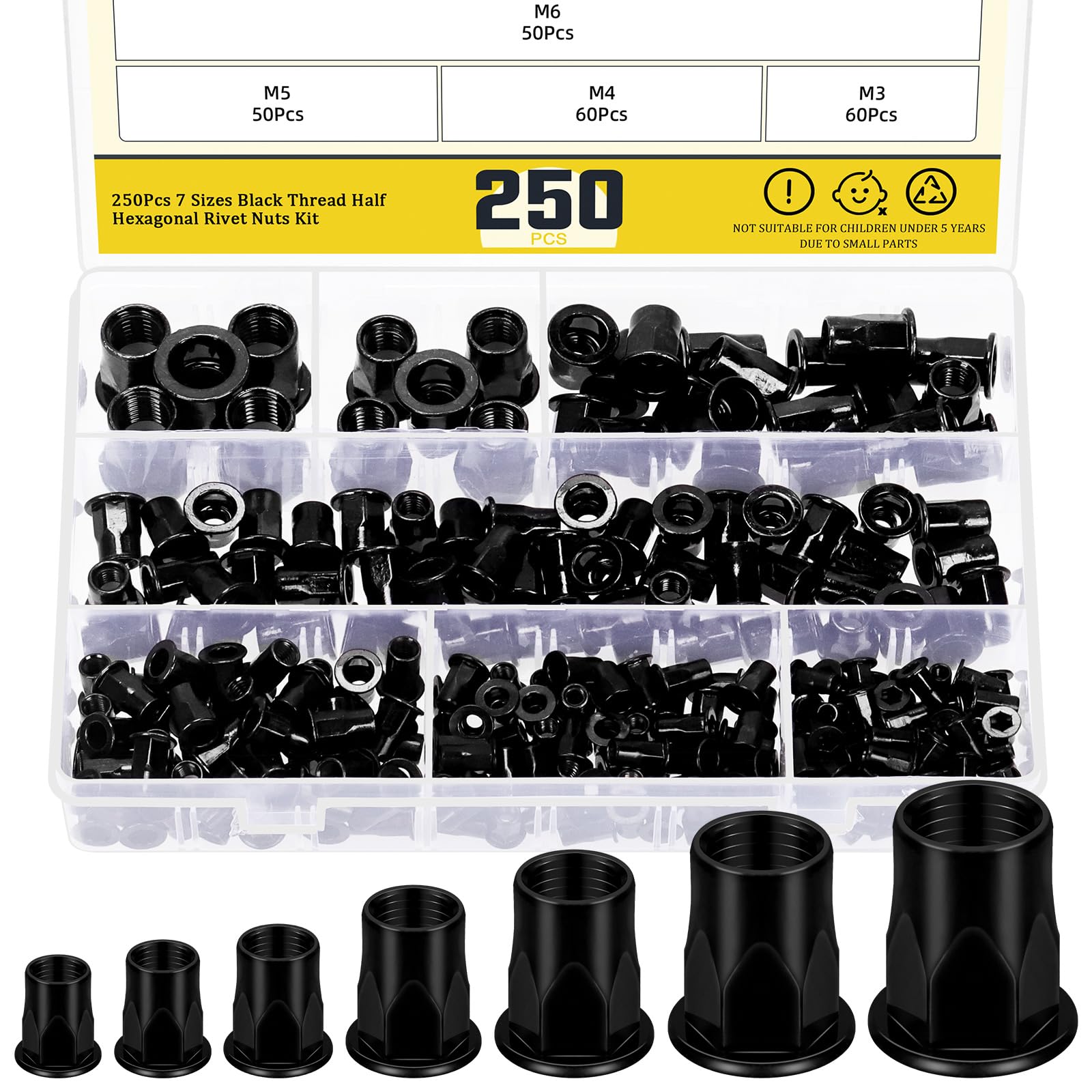 Mardatt 250Pcs M3 M4 M5 M6 M8 M10 M12 Metric Half Hex Body Flange Rivet Nuts, Thread Half Hexagonal Carbon Steel Zinc-Plated Flat Head Threaded Insert Nut, Black