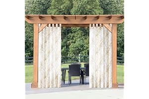 FMFUNCTEX Yellow White Tab Top Curtains 108inch Long Water Resistant Patio Outdoor Curtains Tree Branch Print Window Curtains for Living Room Bedroom Curtain Panels 50" W 2pcs