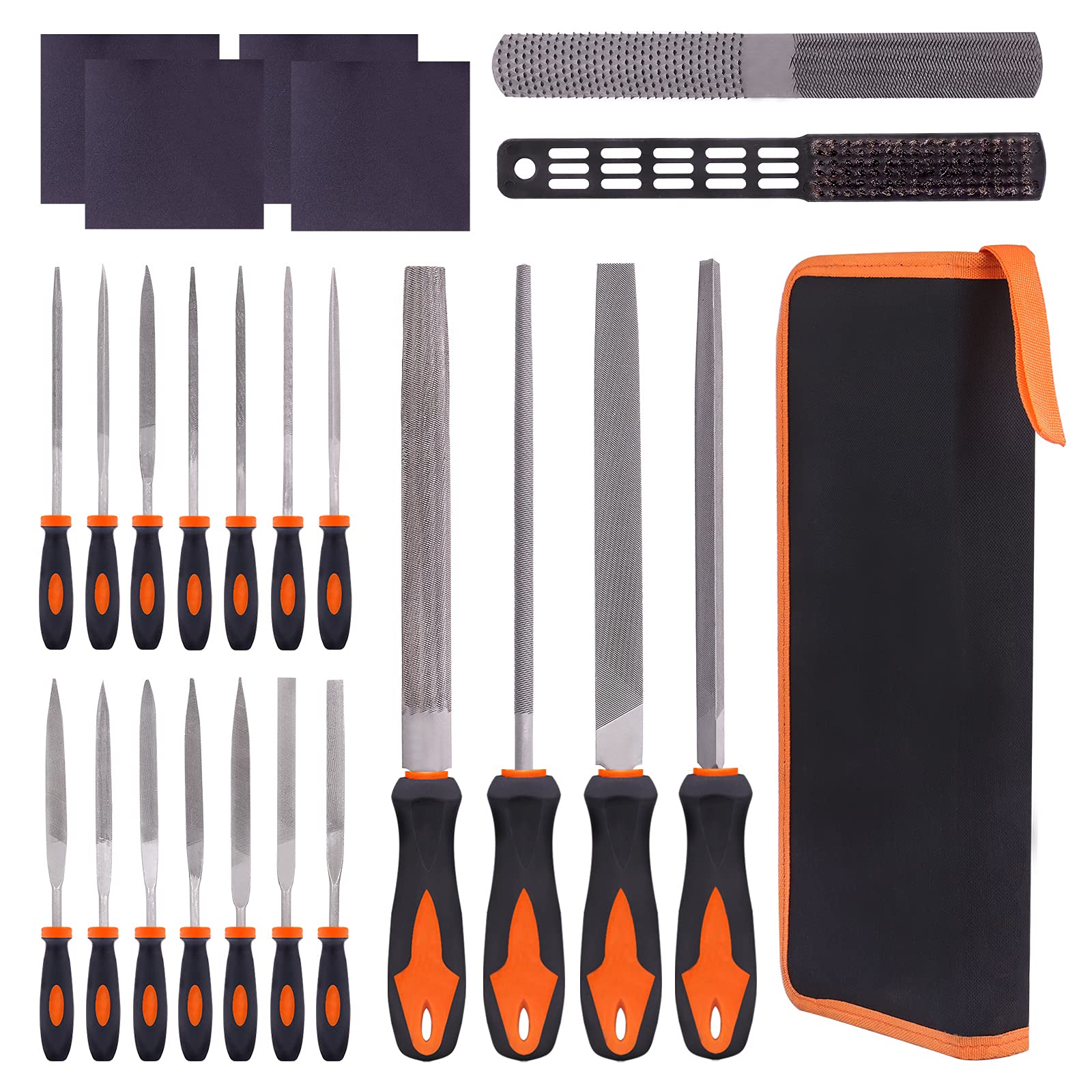 Keadic 24 Pcs Carbon Steel Hand Metal File & Needle File Tool Set with Sanding Paper, 4 Ways Wood Rasp File and Wire Brush, Precision Flat/Triangle/Half-round/Round Large File for Shaping Metal, Wood