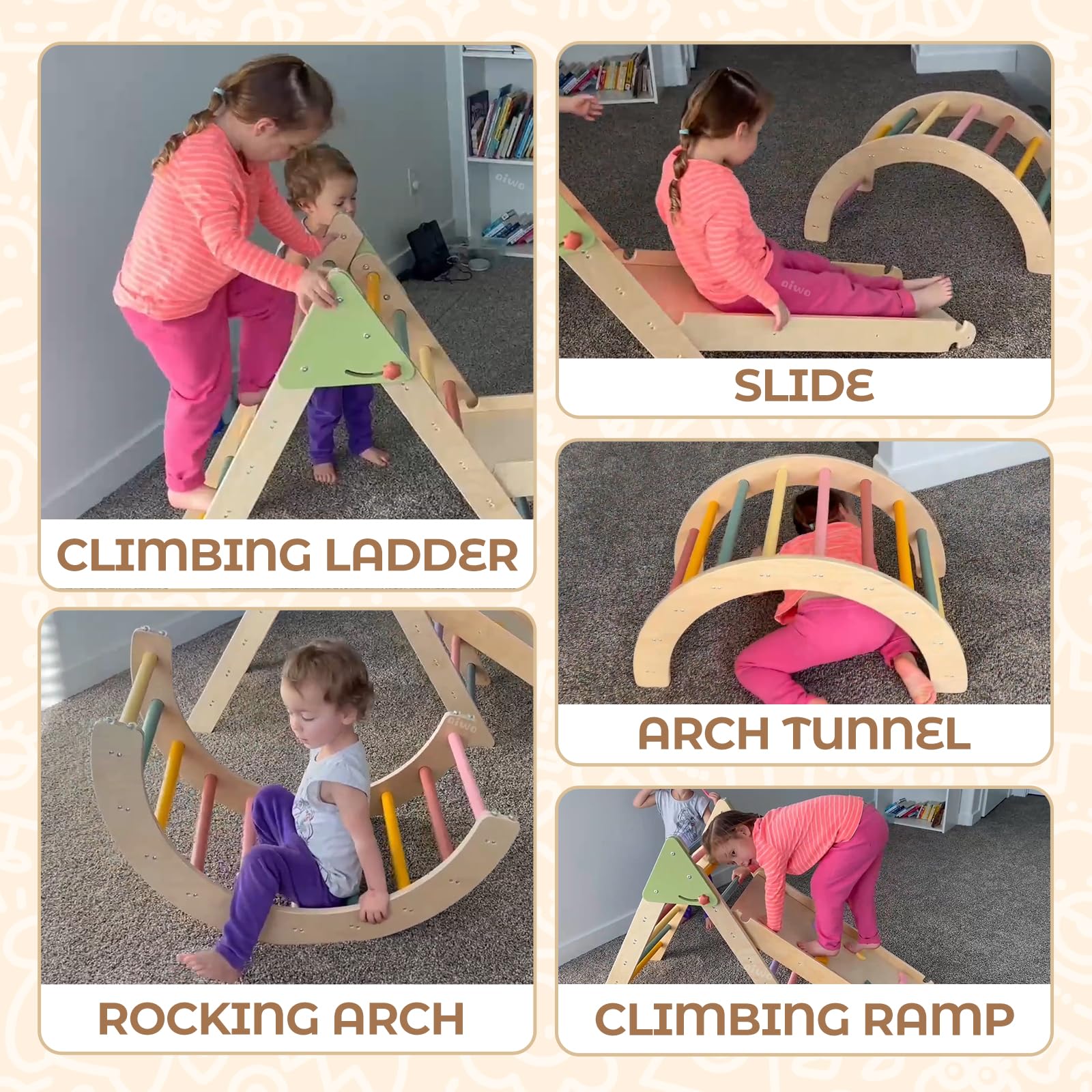 aiwo 7-in-1 Pikler Triangle Set Toddler Climbing Toys Indoor, Montessori Baby Climbing Gym, Climbing Set for Toddlers 1-3 Jungle Gym