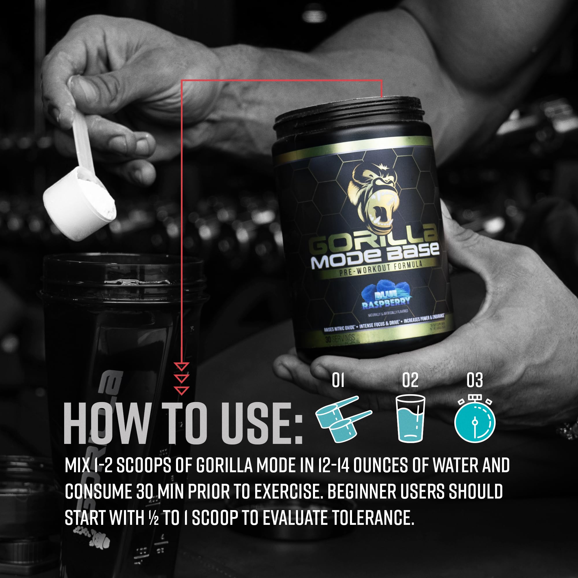 Gorilla Mind Base Pre Workout - Raises Nitric Oxide Intense Focus & Drive Endurance Power - L-Citrulline, L-Tyrosine, Betaine, Alpha-GPC, Caffeine, Huperzine A - 360 Grams (Watermelon)