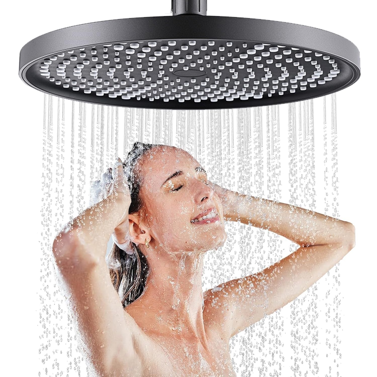 Rainfall Shower Heads 10 Inch, Fixed Shower Head Adjustable, Round Powerful High Pressure Overhead Shower Head with self-Cleaning Mechanism, Bathroom Rainhead Overhead (Black)