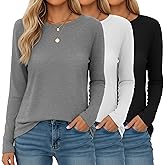 Ficerd 3 Pack Women's Long Sleeve T-Shirts Crew Neck Casual Loose Fit Tunic Fall Tops Regular Shoulder Basic Tee Outfits