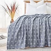 jinchan Boho 100% Cotton Blanket Muslin 50x60 Inches Lightweight 3-Layer Geometric Cross Pattern Reversible Quilt Throw Soft Breathable Comfy All Seasons for Couch Bed Decor, Blue