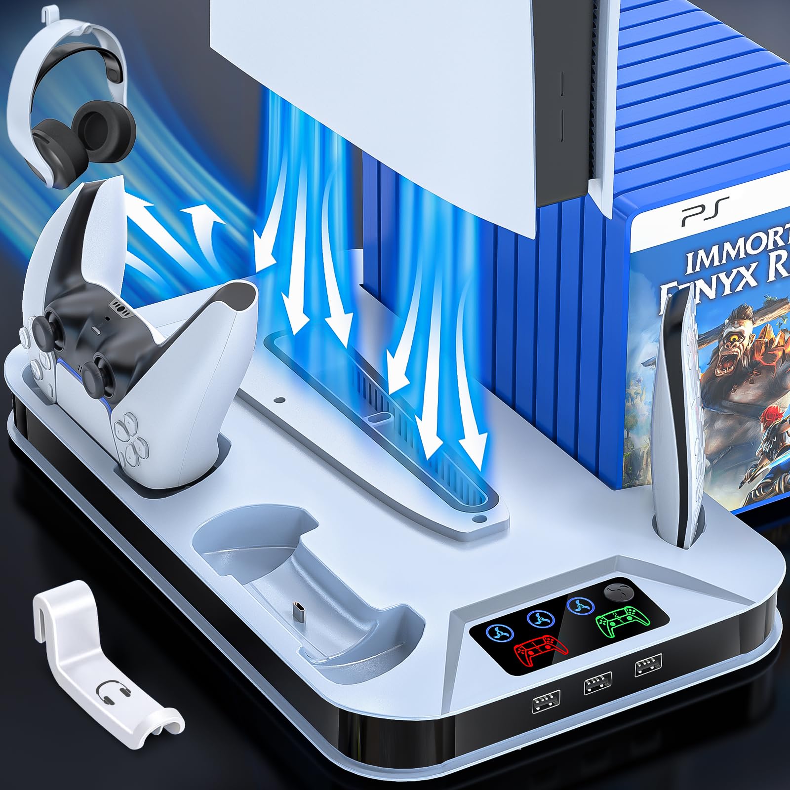Photo 1 of PS5 / PS5 Slim Cooling Station with Controller Charging Station for Playstation 5 Console Disc/Digital, Cooling Stand for Playstation 5 Slim with Cooler Fan Accessories with 3 USB Hubs/Headset Holder