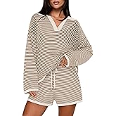 MEROKEETY Lounge Sweater Sets for Women 2 Piece Outfits Casual Long Sleeve Striped Tops Shorts Matching Set