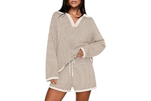 MEROKEETY Lounge Sweater Sets for Women 2 Piece Outfits Casual Long Sleeve Striped Tops Shorts Matching Set