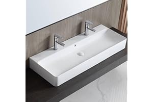Eridanus 43" x 16" Ceramic Bathroom Sink, Rectangular Floating Wall Mount Vessel Sink, Glossy White Porcelain Vitreous Wash Basin, Double Hole Trough with Overflow