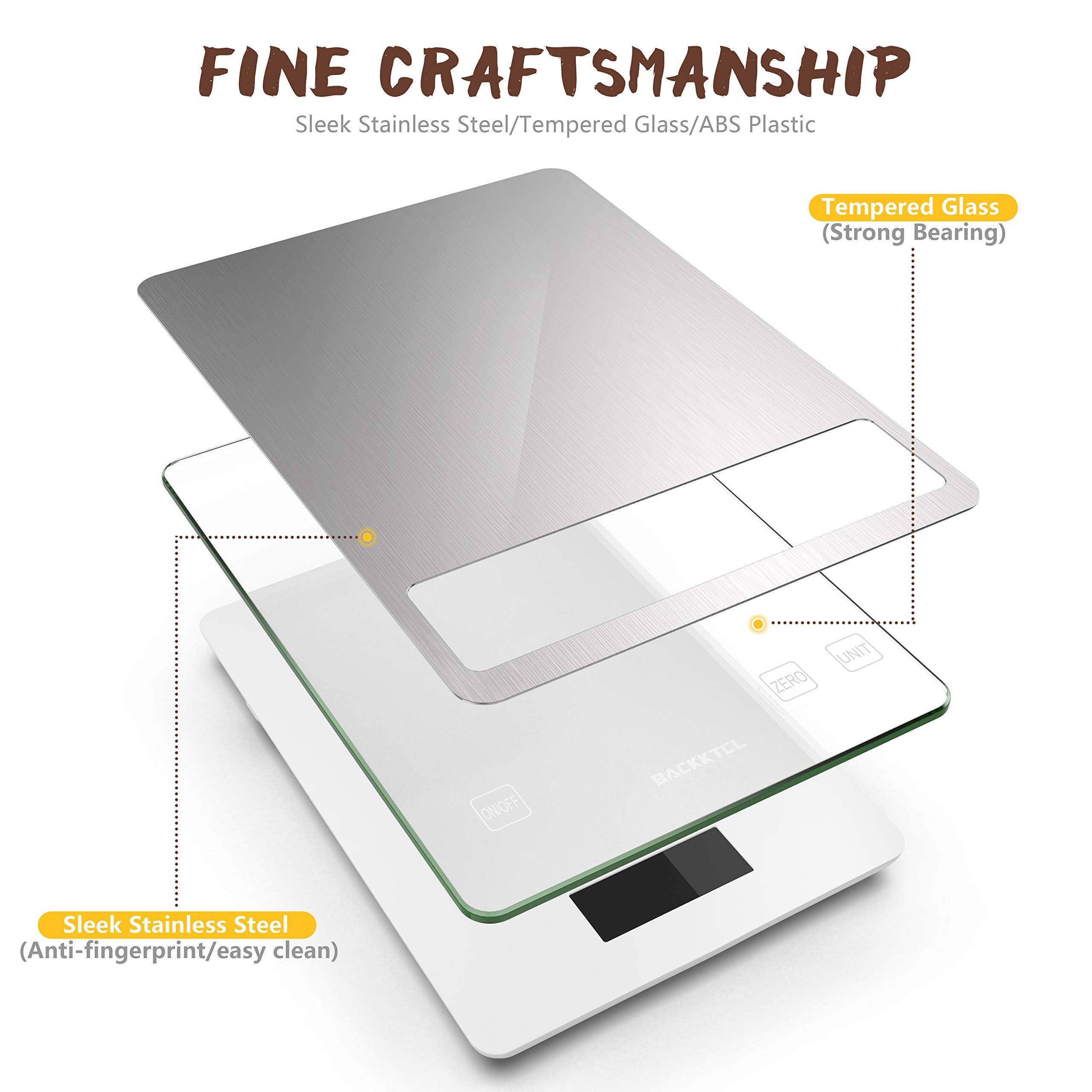 BACK KTCL''Cooking Master' 22lb Digital Kitchen Scale,Food Scale Measures in Grams and Ounces for Weight Cooking Baking,1g/0.1oz Precise Graduation,Stainless Steel and Tempered Glass