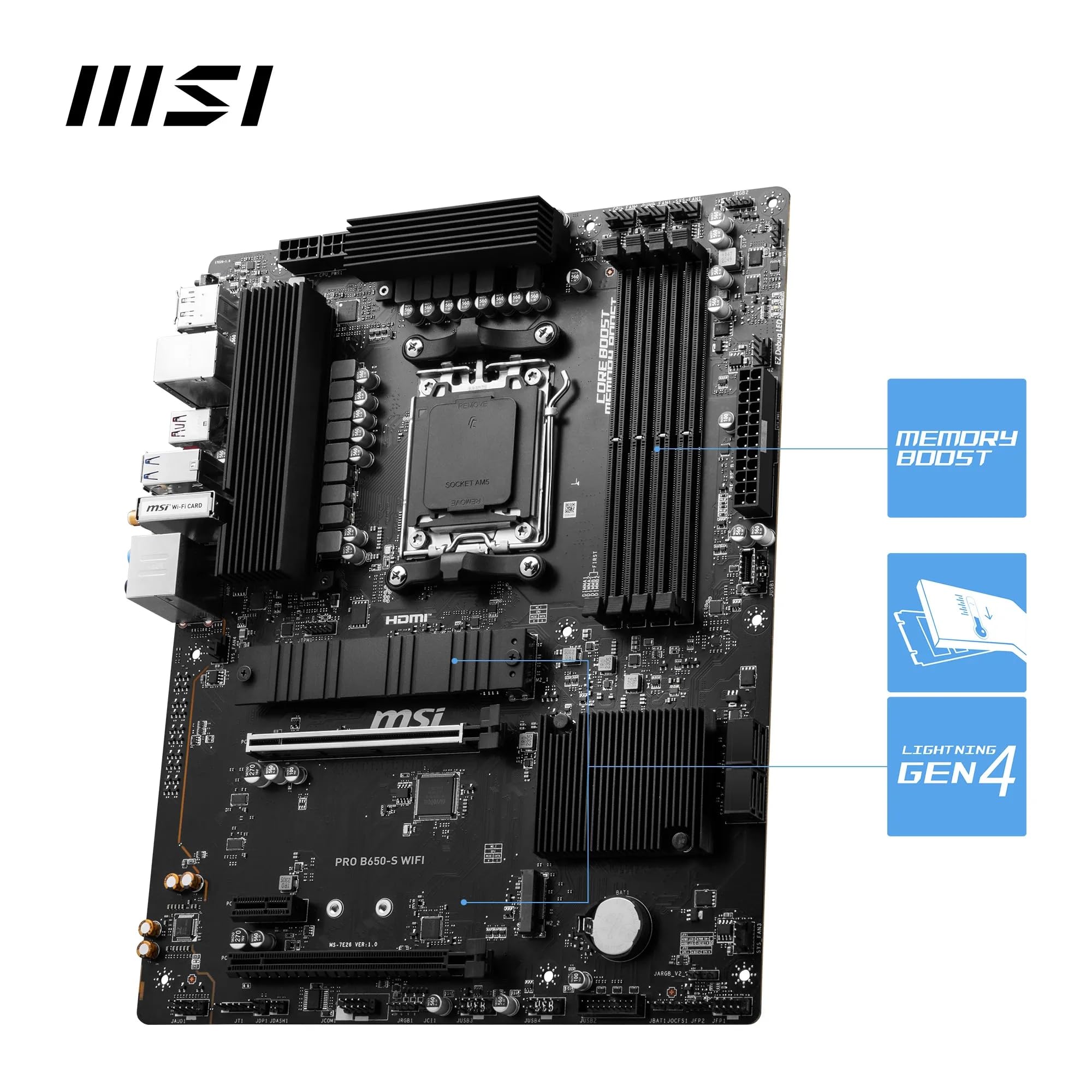 MSI PRO B650-S WiFi V1 Motherboard, ATX - Supports AMD Ryzen 9000/8000 / 7000 Series Processors, AM5 - DDR5 Memory Boost 6000+MHz/OC, 2 x PCIe 4.0 x16, 2 x M.2 Gen4, Wi-Fi 6E