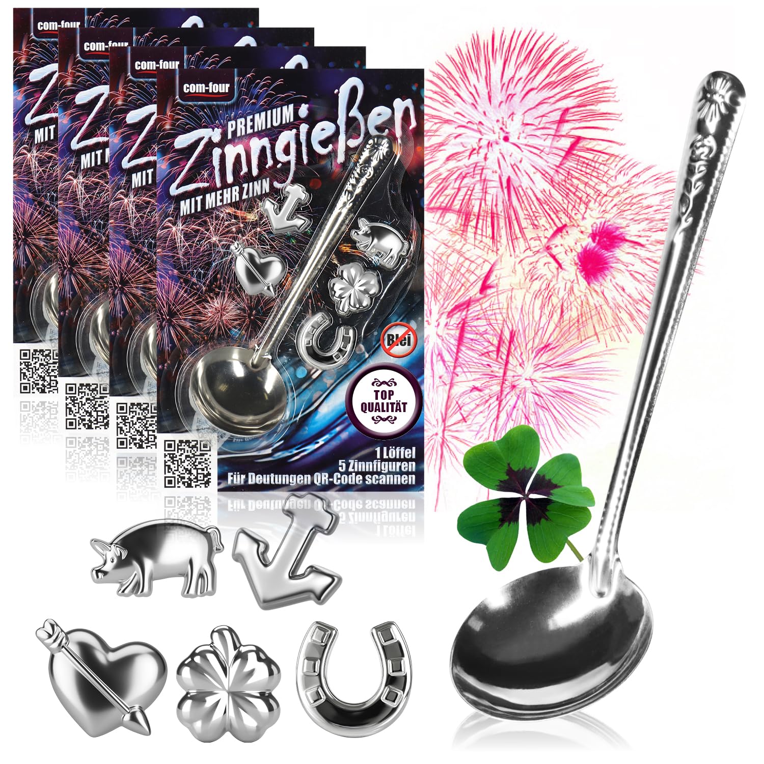 COM-FOUR® 4X Pewter Pouring with 20 Figures and 4 Spoons, New Year's Eve Pouring The Party Game The Healthy Alternative to Lead Pouring, Not only on New Year's Eve (024 Pieces)