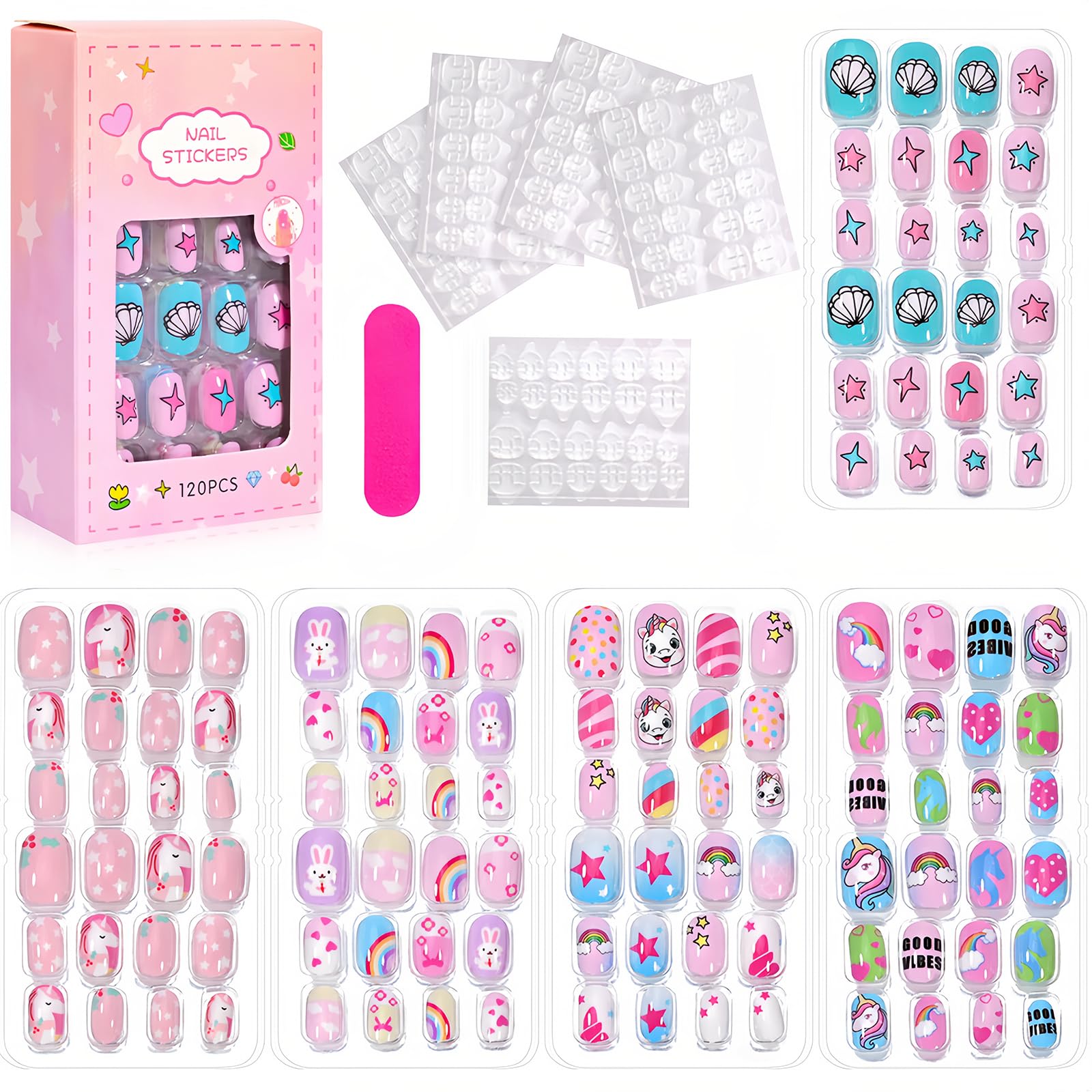 Photo 1 of 120PCS Press On Nails for Kids,Full Cover Girl Fake Nails,Short False Nail Stick On Nail for Kid,Suitable for Kid Sleepovers Stuff with Fingernail Flie and 60Pcs Adhesive Tabs.03