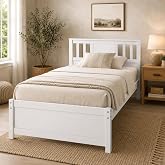 Safeplus Twin Size Solid Wood Platform Bed Frame with Headboard | Wooden Slat Support Twin Panel Bed | No Box Spring Needed