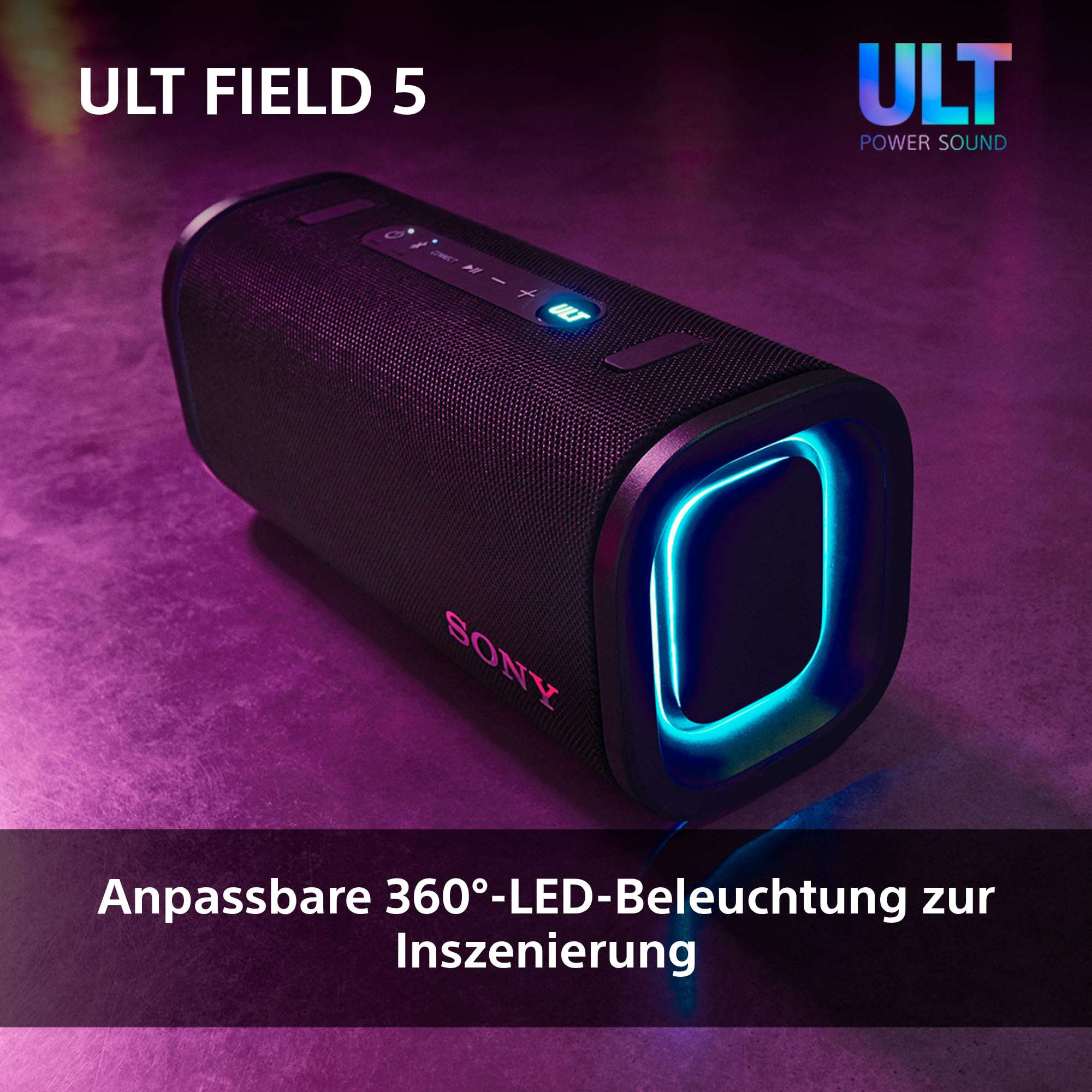 Sony ULT Field 5 - Leistungsstarker tragbarer Bluetooth-Lautsprecher, 25-Stunden-Akku, 2 x ULT Power Sound Modi, IP67, wasserdicht, staubdicht, 360° Lichter, Abnehmbarer Schulterriemen - Schwarz 7