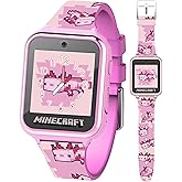 Minecraft Kids Smartwatch – Pink Axolotl Design, 10 Watch Faces, Step Counter, Selfie Camera, Calculator, Games, Voice Recorder, Alarm & Timer, Printed Silicone Straps – Fits Wrists 5.5"-8.0"