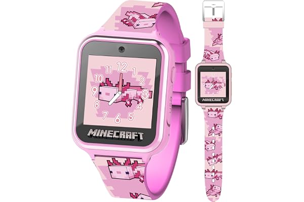 Minecraft Kids Smartwatch – Pink Axolotl Design, 10 Watch Faces, Step Counter, Selfie Camera, Calculator, Games, Voice Recorder, Alarm & Timer, Printed Silicone Straps – Fits Wrists 5.5"-8.0"